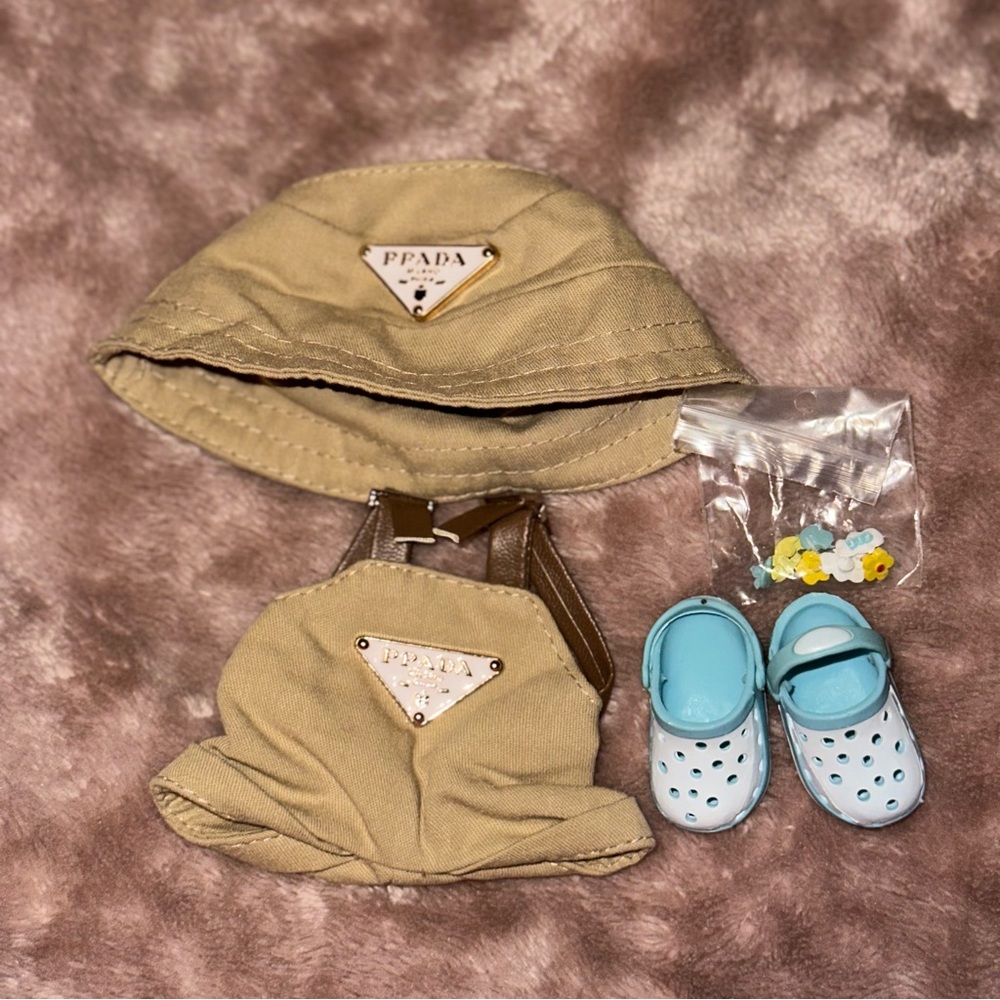Labubu Tan Prada Outfit + Blue Crocs with Charms - doll not included